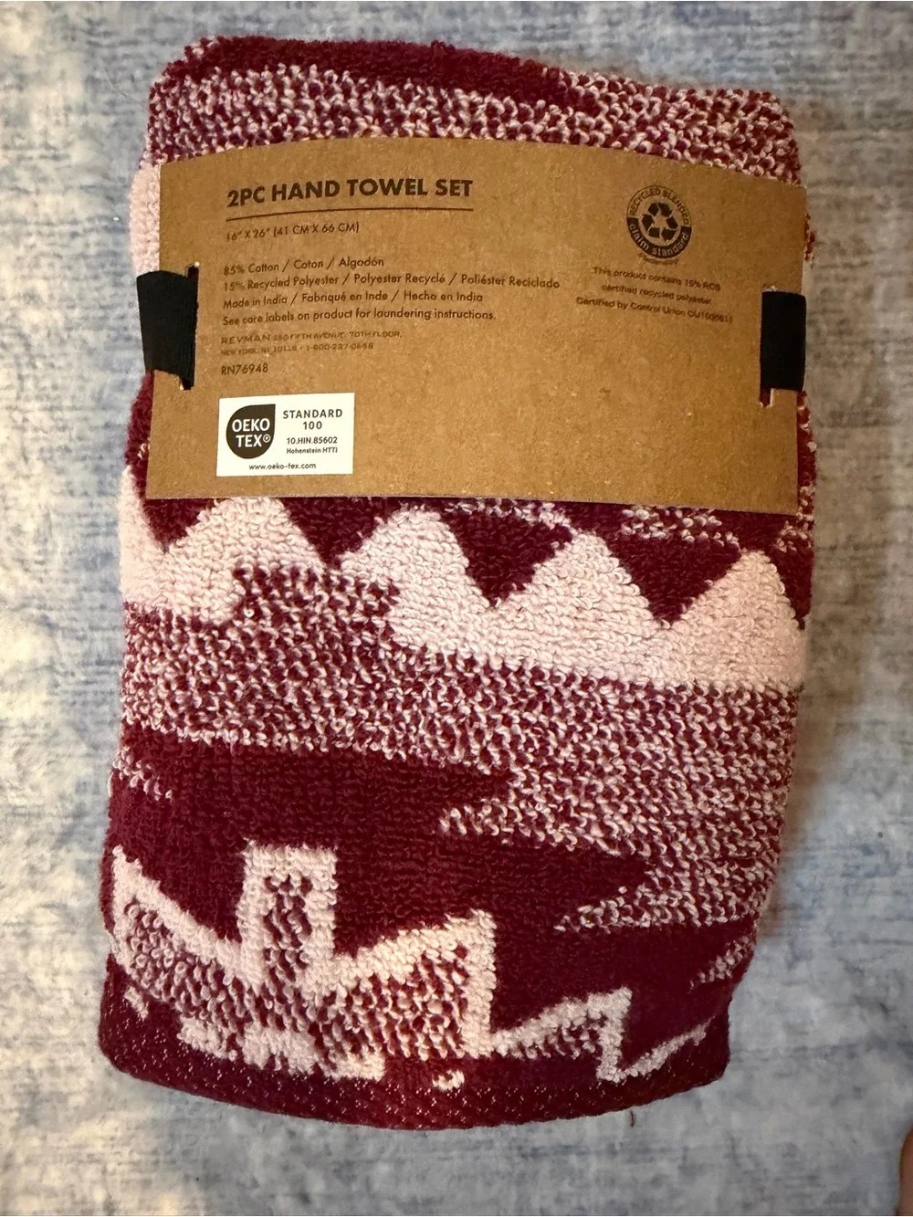 Wrangler Aztec-Pattern Hand Towels in Burgundy and Light Pink